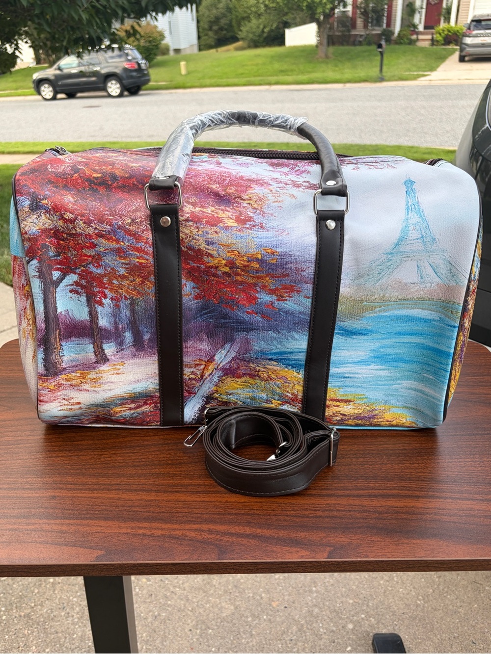 Paris Eiffel Tower Autumn Scenic Weekender Duffel Travel Bag NWT